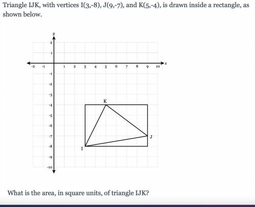 Triangle IJK, with vertices I(3,-8), J(9,-7), and K(5,-4), is drawn inside a rectangle, as shown be