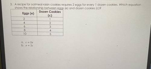 A recipe for oatmeal raisin cookies requires 2 eggs for every dozen cookies . Which equation shows