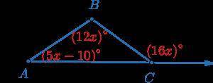 HELP ASAP BRAINLIEST FOR FIRST CORRECT ANSWER In triangle ABC, m∠A=(5x−10)∘, m∠B=(12x)∘, and the ex