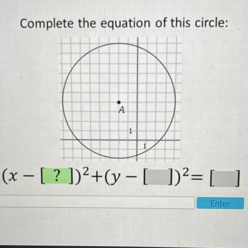 Complete the equation of this circle:
(x - [? ])^2+(y -[])^2= [ ]
Enter