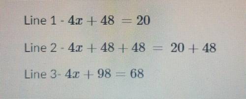 PLEASE HELP ME THIS IS URGENT!!

Andre tried to solve the equation 4 (2 + 12) = 20 Which line did