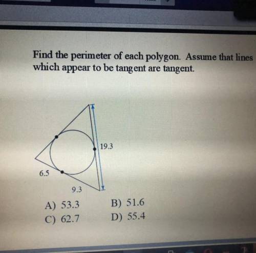 Find the perimeter of each polygon. Assume that lines which appear to be tangent are tangent