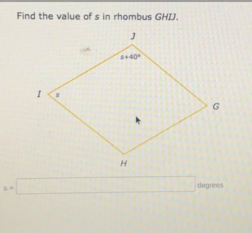Find the value of s in rhombus GHIJ.
j
S+400
I
s
G
A
H
S
degrees