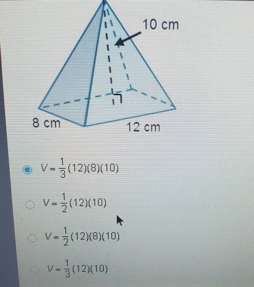 Which shows how to determine the volume of the pyramid?​