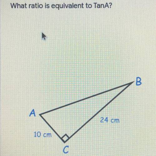 What ratio is equivalent to TanA?

B
А
24 cm
10 cm
с
O 10/15
0 24/10
O 15/10
10/24
12/15
