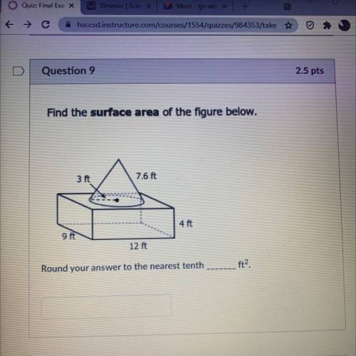 Find the surface area of the figure below.
Round your answer to the nearest tenth ___ ft2.