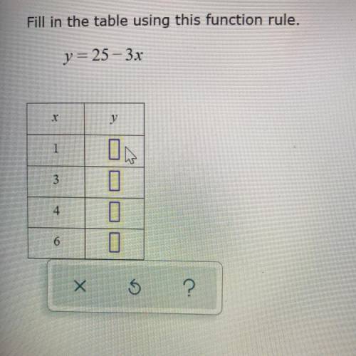 Fill in the table using this function rule.
y = 25–3x
x- 1,3,4,6
y- ?,?,?,?
