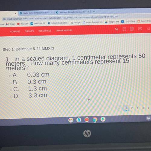 1. In a scaled diagram, 1 centimeter represents 50

meters. How many centimeters represent 15
mete