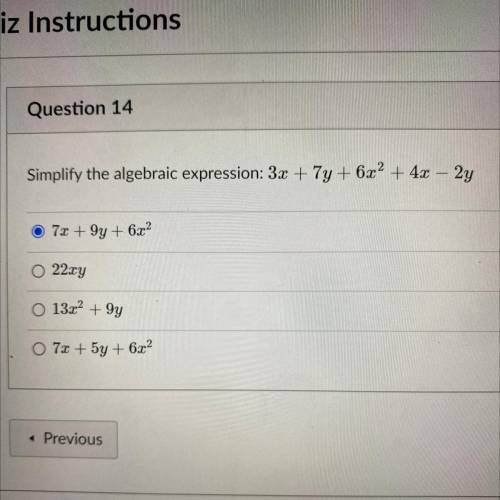 Simplify the algebraic expression: 3x + 7y + 6x2 + 4x—2y