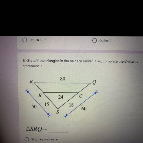 State if the triangles in the pair are similar. If so, complete the similarity statement