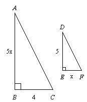 Triangles ABC and DEF are similar. Find the lengths of AB and EF. Right triangles A B C and D E F.