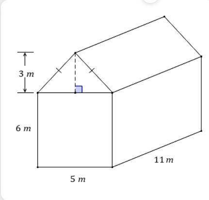 57. In the diagram, the roof has a height of 3 meters. Find the surface area of the figure shown,