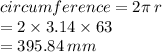 circumference = 2\pi \: r \\  = 2 \times 3.14 \times 63 \\  = 395.84 \: mm