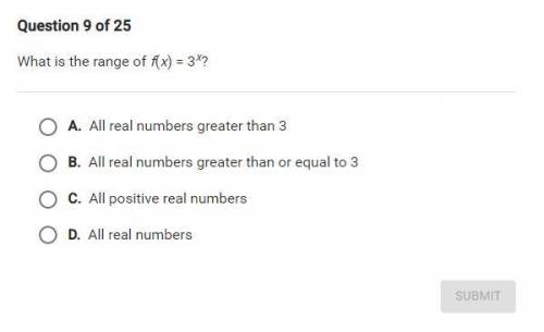 What is the range of f(x) = 3x?

A. All real numbers greater than 3
B. All real numbers greater th