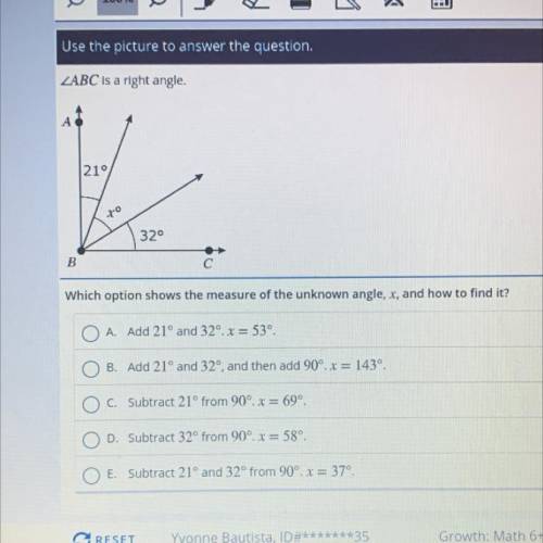 Which option shows the measure of the unknown angle,x and how to find it
