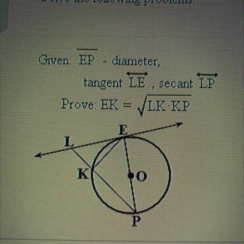 Given: EP - diameter,
tangent LE , secant LP
Prove: EK = LKxKP