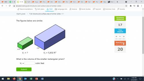 I need help asap!

The figures below are similar what is the volume of the smaller rectangular pri