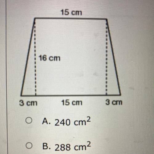 Find the area of this trapezoid.
A. 240 cm2
B. 288 cm2
C. 312 cm2
D. 336 cm2