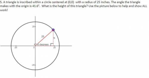 A triangle is inscribed within a circle centered at (0,0) with a radius of 25 inches. The angle the