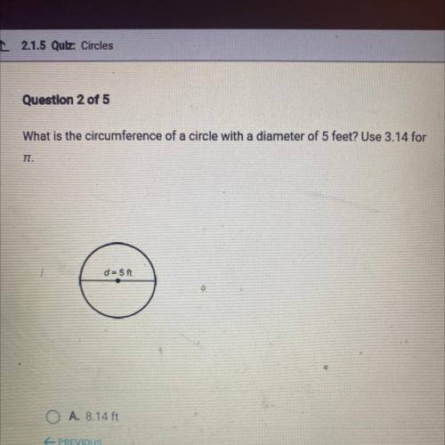 What is the circumference of a circle with a diameter of 5 feet use 3.14 for pi