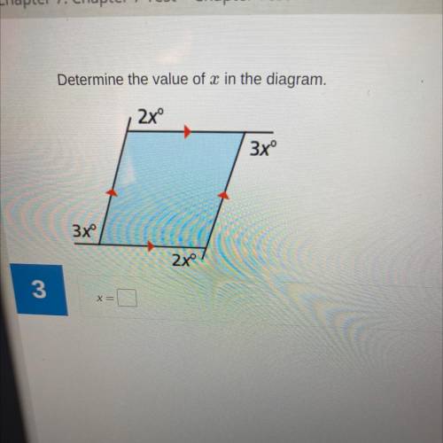Determine the value of x in the diagram.

2x°
3x°
3х,
2х.
3
х =
Can someone help me pls