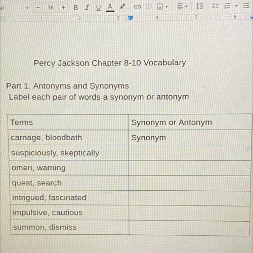 Percy Jackson Chapter 8-10 Vocabulary

Part 1. Antonyms and Synonyms
Label each pair of words a sy