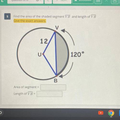 Find the area of the shaded segment VB and length of VB