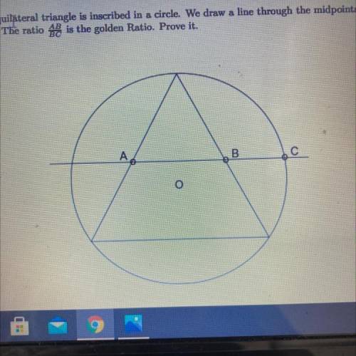 An equilateral triangle is inscribed in a circle. We draw a line through the midpoints of two sides