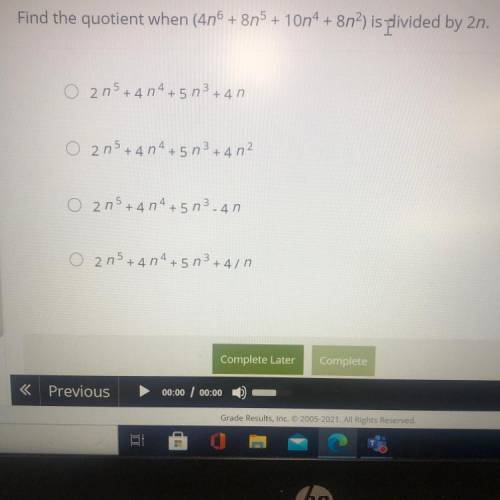 Find the quotient when (4n6 + 8n5 + 10n4 + 8n2) is divided by 2n.