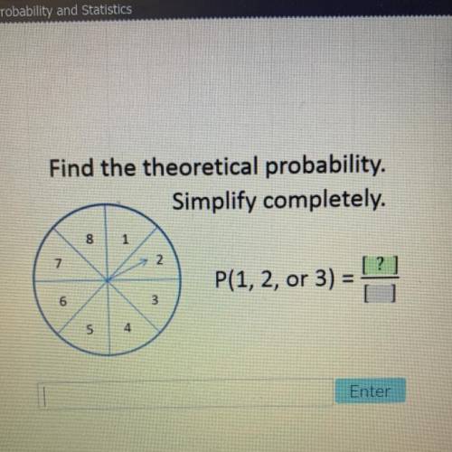 Find the theoretical probability.

Simplify completely.
SUU
8 | 1
7
2
P(1, 2, or 3) =
6
3
SI
5
4