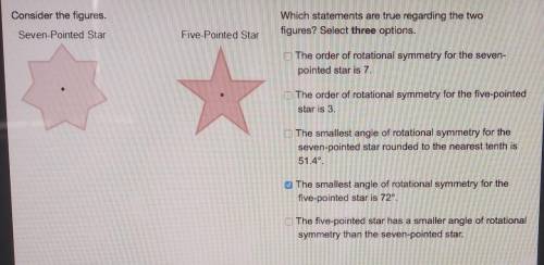 Consider the figures. Seven-pointed star. Five-pointed star. Which statements are true regarding th