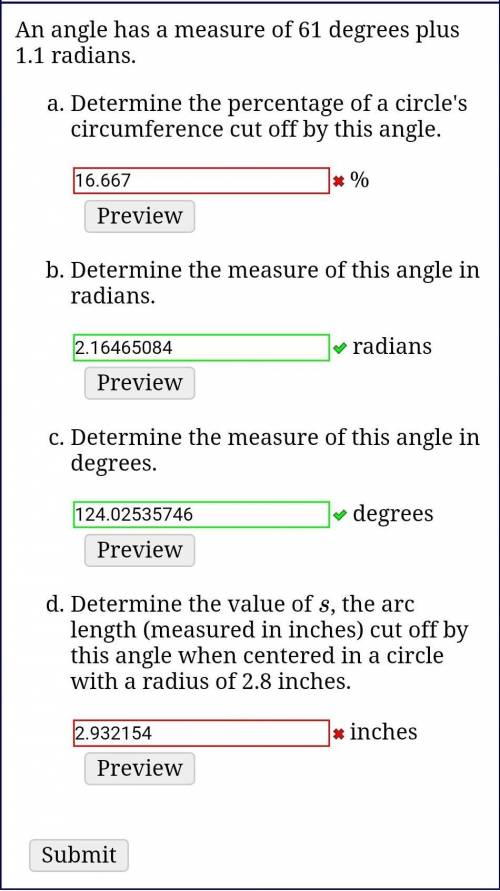 An angle has a measure of 61 degrees plus 1.1 radians.

Determine the percentage of a circle's cir