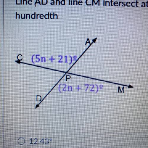 Line AD and line CM intersect at point P. Solve for n. If necessary, round to the nearest hundredth