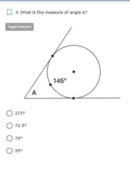 What is the measure of angle A?
215°
72.5°
70°
35°