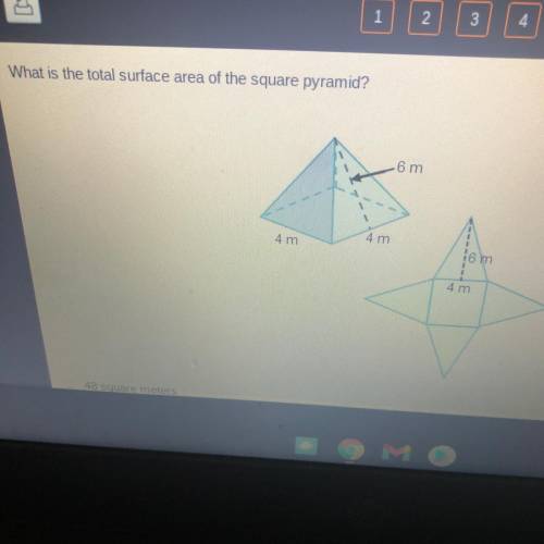 PLS ILL GIVE
What is the total surface area of the square pyramid?
48 square meters 
64 s
