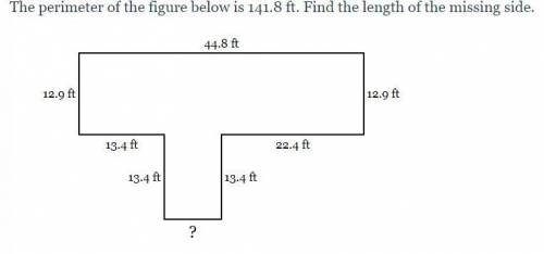 The perimeter of the figure below is 141.8ft. Find the length of the missing side