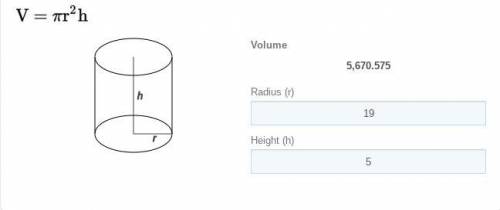 Find the volume of a cylinder with a diameter of 19 km and a height of 5 km in terms of pie and usin
