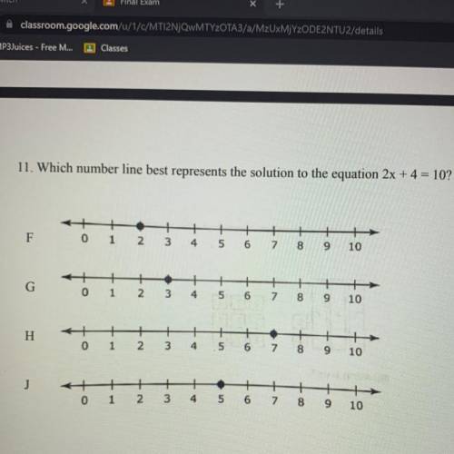 Which number line best represents the solution to the equation 2x+4=10