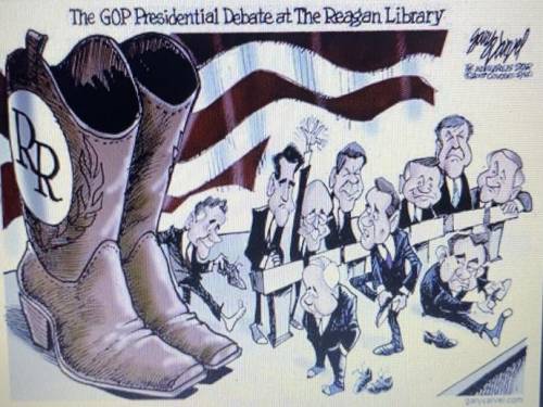 What does this political cartoon say about Ronald Reagan and grand old party￼