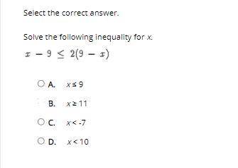 PLEASE HELP
Solve the following inerquality for x.
x - 9 < 2(9 - x)