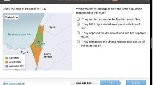 Study the map of Palestine in 1947. A map of Palestine in 1947. Jerusalem is labeled. A key notes t