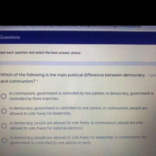 Which of the following is the main political difference between democracy and communism
