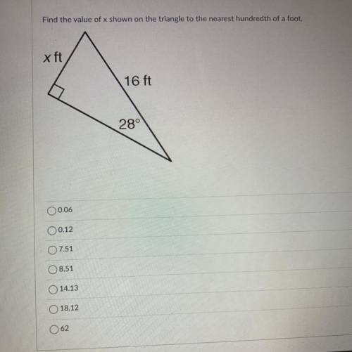 Find the value of x shown on the triangle to the nearest hundredth of a foot.

x ft
16 ft
28°