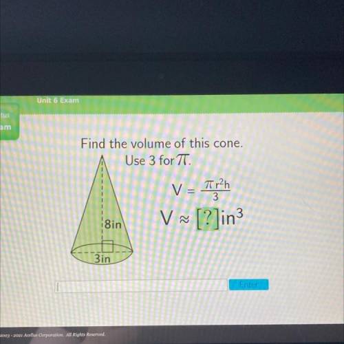 Find the volume of this cone.

Use 3 for T.
V = Typh
V V ^ [?]in
3
8in
3in
help