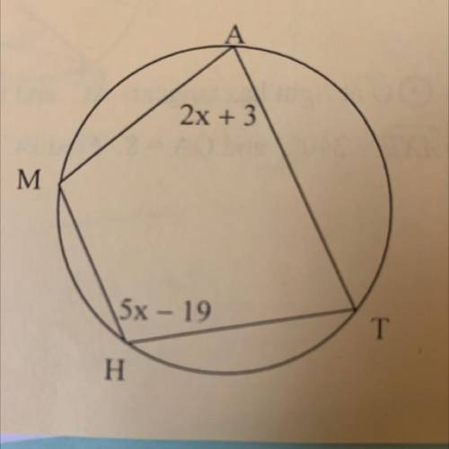 Quadrilateral MATH is inscribed within the circle. Solve for the value of x.