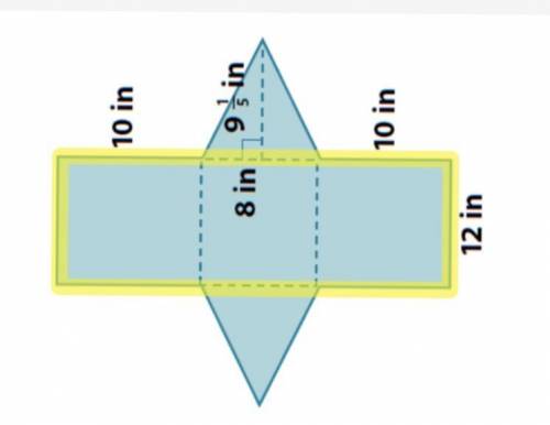 A right triangular prism is represented as it's net and in the 3-dimensional form. Find the surface