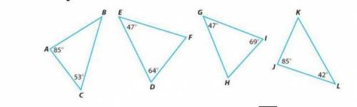 1. Find the missing angle for each triangle.

2. Which triangles are similar (Hint: Angle-Angle Cr