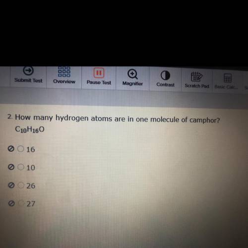 2. How many hydrogen atoms are in one molecule of camphor?
C10H160
16
10
26
27