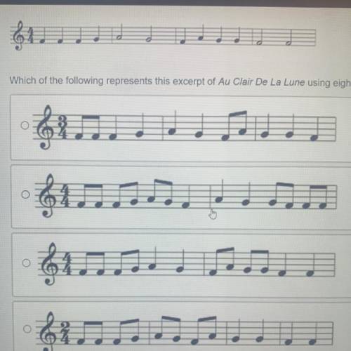 Which of the following represents this excerpt of Au Clair de la lune using eighth notes and quarte