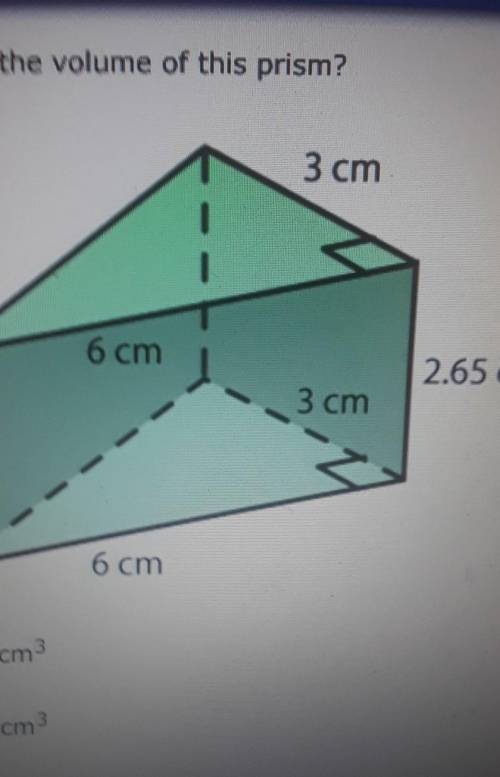 16. What is the volume of this prism? 3 cm 6 cm 2.65 cm 3 cm 6 cm​